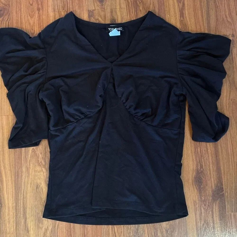 NWOT Top Chic Y2K black puffy sleeve V-neck juniors fitted top stretch size larg